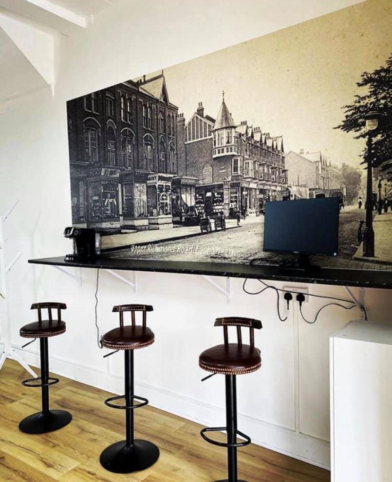 Vintage East Sheen mural with stools